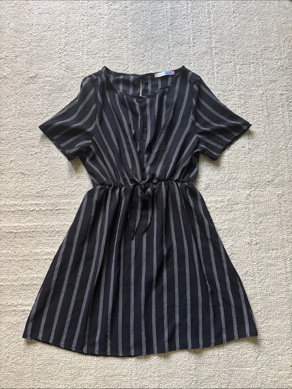 Striped Black Short Sleeve Tie-Waist Dress